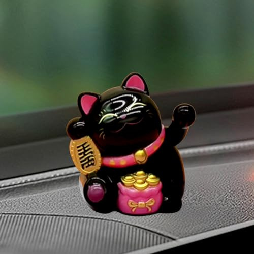 Recitem Auto Solar Winken Händen Glückliche Katze, Lucky Cat Solar Wackelfiguren Tanzende Winkekatze, Solarfigur Statue Auto Armaturenbrett Ornamente, Wackelfigur für Auto Haus Oder Büro (1 Schwarz)