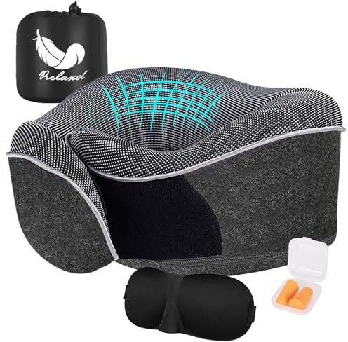 Relaxd Travel Pillow for Adults | Adjustable Memory Foam Neck Pillow for Travel | 360 Degree Neck Support | Removable Pillow Case | Includes Eye Mask, Earplugs, Travel Bag | Dark Grey | UK Brand