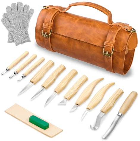 TEKCHIC Set Deluxe per Intaglio Legno, Coltelli e Utensili per Lavorazione del Legno per Principianti, con Grande Custodia in Pelle