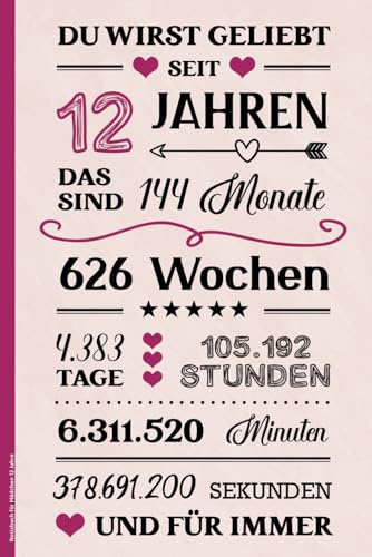 Notizbuch für Mädchen 12 Jahre: Geburtstagsgeschenk für 12 jährige Mädchen kleines Geschenk zum 12ten Geburtstag A5 Buch liniert praktisch für Notizen das Tagebuch mit schönem Spruch zum 12. Geb