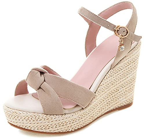 Gicoiz Peep Toe Espadrille Donna Moda Zeppa Sandali Estate Casuale con Cinturino Alla Caviglia Comodo Tacco Alto Plateau Bowtie Scarpe Beige Numero 34 EU