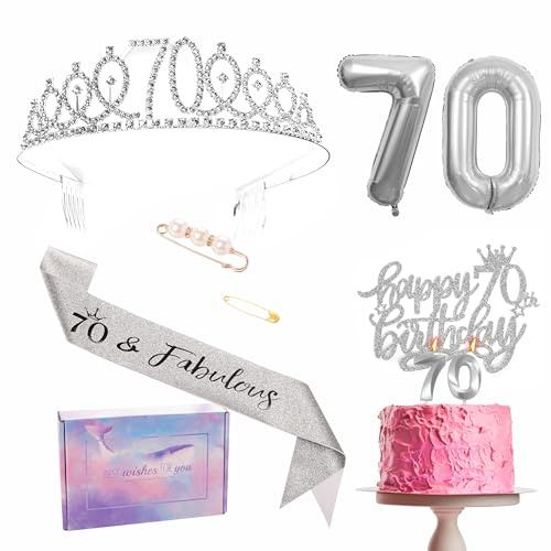 Decorazioni per il 70° compleanno in argento – Set fascia e diadema da donna, fascia per feste, corona, topper per torta, palloncini in alluminio, candele