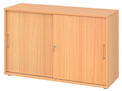bümö Schiebetürenschrank 2OH - Aktenschrank abschließbar, Sideboard Schrank mit Schiebetüren in Buche, Bügelgriff - Büroschrank aus Holz mit Schiebetür, Büro Kommode für Ordner & Co.