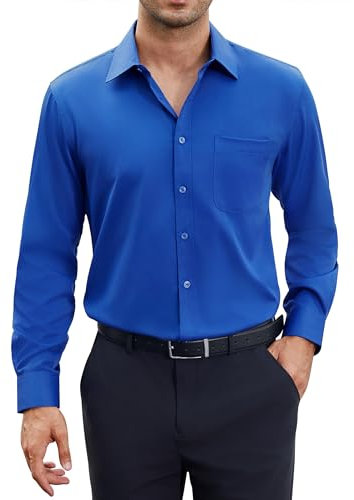 siliteelon Men Shirts Peacock Royal Blue Mens Long Sleeve with Pocket Formal for Men Regular Fit Work Office Wedding Shirt M