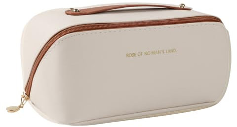 TTPSRY Große Kapazität Kosmetiktasche Tragbare Reise Make Up Tasche wasserdichte PU Leder Schminktasche oder Kulturbeutel Waschtasche Damen(Braun weiß)