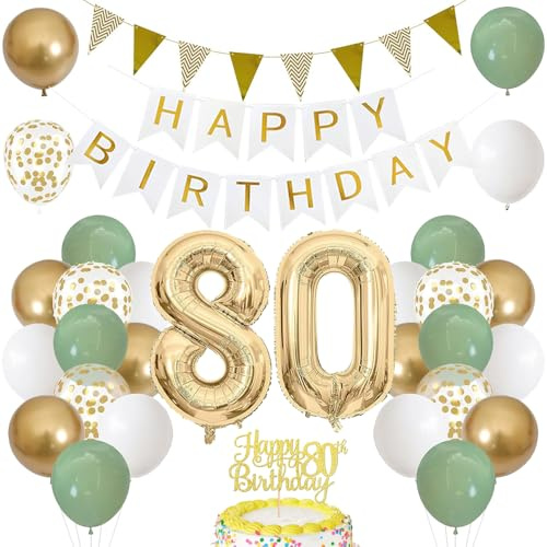 80. Geburtstag Dekoration Salbeigrüne, Grün Gold Luftballon Deko 80. Geburtstag mit Zahl 80 Folienballon, Happy Birthday Banner, Tortendeko für 80. Happy Birthday Deko Frau Mann