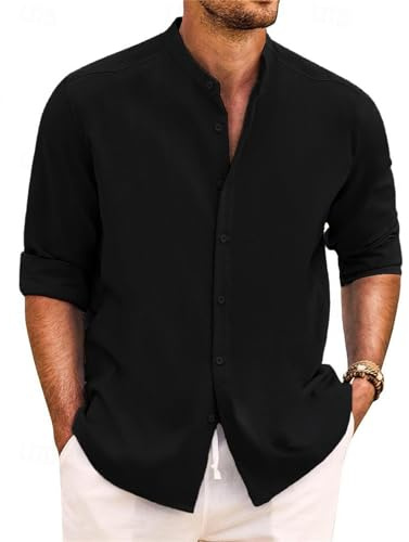 Yageshark skjorta herr linneskjorta långärmad sommarskjorta button down ståkrage skjortor fritidsskjorta casual normal passform strandskjorta linne skjorta, svart, S