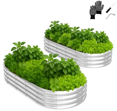 LEADZM Hochbeet Metall 180x90x30 cm (2er-Set) - Extragroße Ovaler hochbeete für Garten Metall ohne Sockel - Mit Zubehörsatz & Handschuhen - Leicht aufzubauen, wetterfest & langlebig, Silber