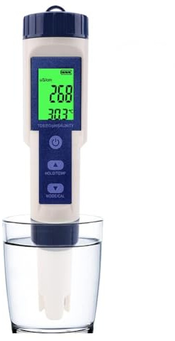 pH Mètre 5 en 1, Testeur de Qualité de l'Eau pour pH/TDS/EC/Salinité/Température, pH Mètre Numérique avec LCD Rétroéclairé et Étalonnage Automatique pour Eau Potable, Hydroponie, Piscine, Aquarium