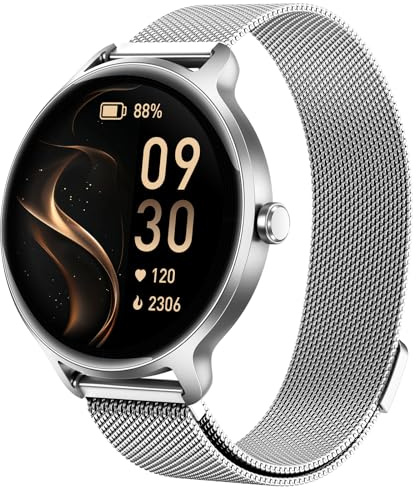 Smartwatch Herren Damen Rund, 1.27 AMOLED Smart Watch mit Telefonfunktion, Fitnessuhr mit Pulsuhr SpO2 Schlafmonitor Schrittzähler, 120+ Sportmodi Sportuhr IP68 Wasserdicht für iOS Android Silber