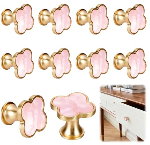 MAIJIAJU 10 Stück Vierblättrige Möbelknöpfe, Pastellrosa Gold mit Schrauben | Vierblatt Blumenform Dekogriffe aus Zinklegierung, Einloch Montage, passend für Küche, Schrank und Bad, modern Vintage Optik