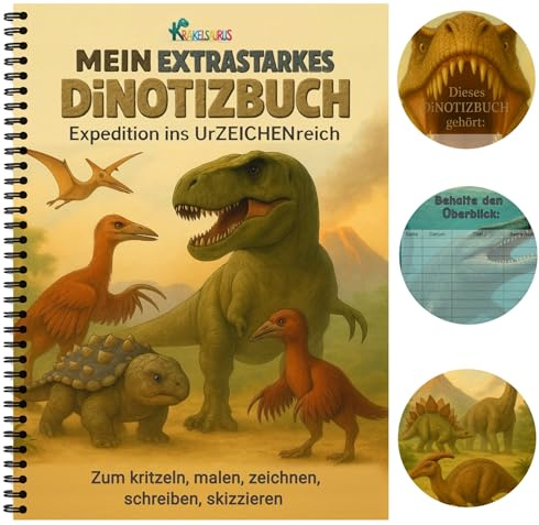Krakelsaurus Skizzenbuch Dinosaurier A4 für Kinder – mit Inhaltsverzeichnis – Zeichenblock mit Spiralbindung, Malblock extrastarkes Papier 210 g/m² für Filzstifte, Geschenk Kinder ab 6 Jahre