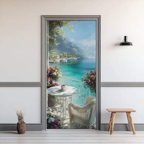 3D Meer Balkon Türtapete Selbstklebend, Mittelmeer Landschaft Türaufkleber Abnehmbar Wasserdicht TürPoster, Vinyl Fototapete Türfolie für Wohnzimmer Schlafzimmer 80 x 200 cm