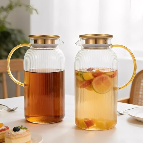 2 Pack Glass Pitcher with Lid 68 oz 2 Liter Classic Vertical Stripes Water Pitcher with Handle Glass Water Carafe for Cold Brew Coffee Iced Sun Tea Beverage Heat Resistant