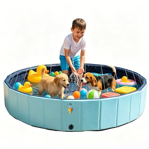 Nzkeuf 80x20 cm Hundepool mit Sprinkler, 0.5cm Verdickter Faltbarer Planschbecken für Hunde, rutschfest Hundeplanschbecken, Wasserspielzeug für Outdoor Garten Patio Badezimmer