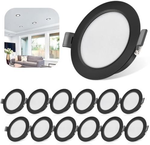 Tailcas Spot LED Encastrable Extra Plat, 5W Spot Encastrable IP44 6000K | Noir Blanc Froid 450lm, mini Trou 68-80mm 230V Spot LED Plafonnier Encastré 25mm Pour Cuisine Salon Couloir, Lot de 12
