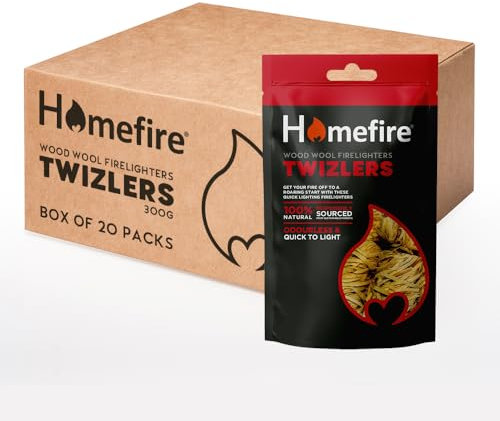 Homefire Natural Odourless Wood Wool Firelighters for Wood Burners, Open Fires, Multi-fuel Stoves and Pizza Ovens (Pack of 20, Approximately 400 Twizlers)