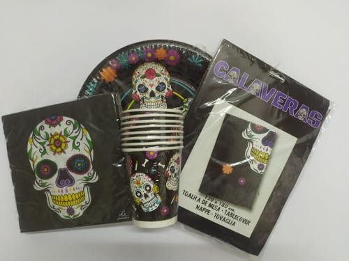 CAPRILO. Lote de Vajilla Decorativa Catrina-Calaveras (32 Vasos, 32 Platos, 32 Servilletas y 2 Manteles) .Detalles y Regalos para Fiestas de Halloween, Cumpleaños, Bodas, Bautizos y Comuniones.