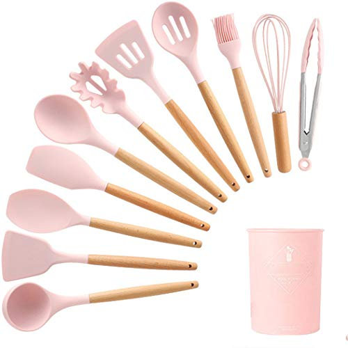 Set de utensilios de cocina de silicona,Utensilios de cocina con manijas de madera de 11 piezas, utensilios de cocina para sartenes antiadherentes, espátula de silicona,Rosado