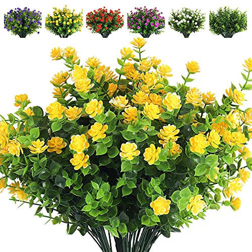 RECUTMS 8 Bundles artificial flowers plastic for garden Faux Outdoor Plant Plastic yellow artificial flowers outdoor artificial Lotus Flowers Eucalyptus for Home Garden Decor (Yellow)