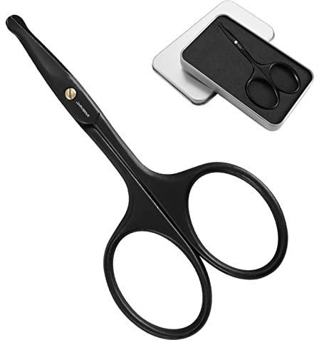 JARVISTAR Forbici per Capelli Naso, Forbici per Capelli per Orecchie Forbici per Barba Punta Arrotondata in Acciaio Inossidabile Curvo, Premium Manicure Forbici per Sopracciglia Uomini, 9,5 cm Nero