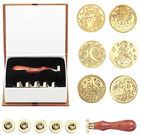 Sternenhimmelwachs-Siegelstempel-Set, 6 Stück Sternenmond-Siegelwachs-Stempel-Set und 1 Holzschlitz, personalisiertes Wachssiegelstempel für Briefkarten, Einladungen