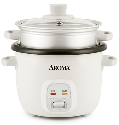 AROMA® Rice Cooker, 2-Cup (Uncooked) / 4-Cup (Cooked), Steamer, Grain Cooker, Soup Maker, Oatmeal Cooker, Auto Keep Warm, 1 Qt, White, ARC-302-1NG