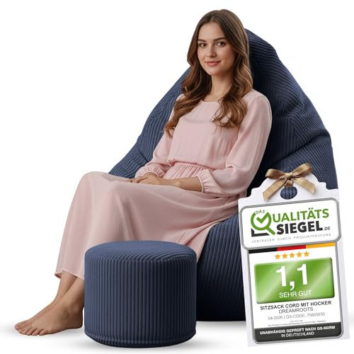 DreamRoots Sitzsack Erwachsene Cord 80x80x120 mit Hocker, Blueberry Pie | Bean Bag Chair mit Hocker, Lehne & Bezug, mit Füllung, Sitzkissen Boden, für Teenager & Erwachsene
