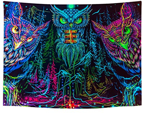 Roninkier Fluoreszenz-UV Tapisserie Psychedelic Wandbehang - Schwarzlicht Eule Wandteppich Aesthetic Sternenhimmel Wandtuch Hippie Boho für Schlafzimmer Wohnzimmer Dekoration,150x130cm