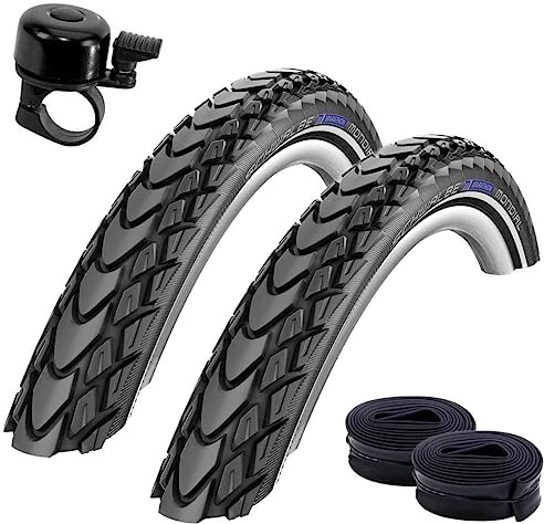 2 x Schwalbe Marathon Mondial Fahrradreifen RaceGuard Pannenschutz mit Reflexstreifen 50-559 (26 x 2,00) + 2 Schwalbe SV13 Schläuche inkl. Fahrradklingel