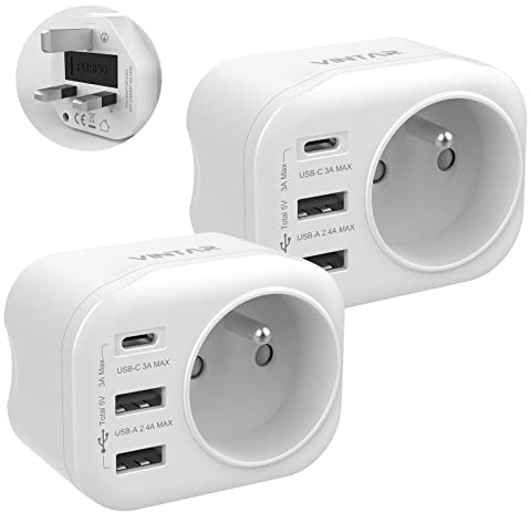 VINTAR 2 adattatori per presa inglese UK Inghilterra francese adattatore da viaggio con 2 USB-A e 1 USB-C 3A, adattatore da presa Francia a UK Irlanda Malesia Singapore, tipo G