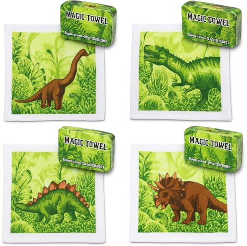 KAMACA - Set di 4 asciugamani magici Dinosauri – Asciugamano magico per bambini | Asciugamano magico in cotone | Regalino per feste di compleanno per bambini, idea regalo, viaggi, scuola, sport (4