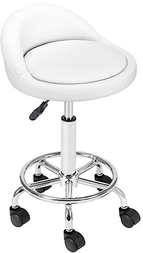BAKAJI Sgabello con ruote, Seduta imbottita e Schienale Basso in Ecopelle, Base con Poggiapiedi in Acciaio Girevole a 360°, Altezza regolabile, ideale per estetista, Bar, Cucina, Ristoranti,(Bianco)
