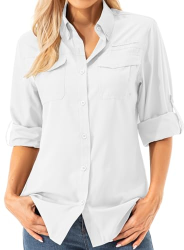 Womens UPF 50+ UV Sun Protection Safari Shirts Long Sleeve Outdoor Cool Quick Dry Fishing Hiking Gardening Shirts (5072 White M)
