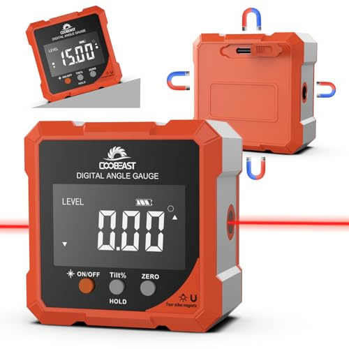 Digital Angle Finder with Laser, 4-side Magnetic Digital Angle Gauge, Rechargeable Mini Digital Laser Level Measuring Tool Cube Inclinometer with Backlight for Woodworking Tablesaw Gift for Men Orange