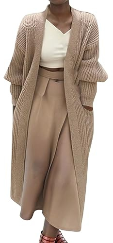 Chaqueta de punto larga cálida para mujer con bolsillo, manga larga, ligera, elegante y cómoda, suéter de punto para otoño e invierno, beige, S