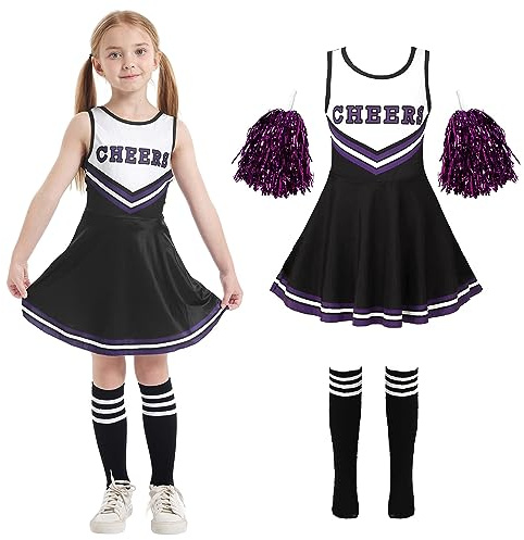 Cnexmin Deguisement Cheerleader Costume De Cheerleader Pour Filles Uniforme De Pom-Pom Girl Cosplay Costume Avec Pompoms Manches Costume Cheer Leader Halloween Carnaval Mascarade 10 Ans, Noir 150cm