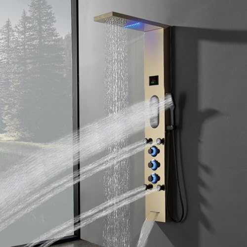 Bathfinesse Gold Shower Tower, Bathroom Shower Panel System with Large Area Body Jet Massage Shower Fixtures with Temperature Display Adjustable Body Jets Tub Spout Hand Shower, Polished Gold
