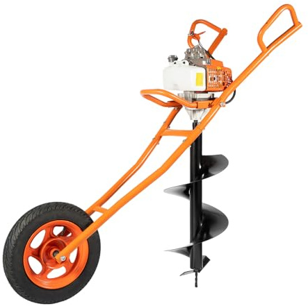 63CC Post Hole Digger 2-Stroke 3HP Gas Powered Auger Post Hole Digger - Earth Auger with Wheelbarrow Design, Extra-Large Fuel Tank & 60-300mm Bit Compatibility for Fence Post Drilling (63CC)