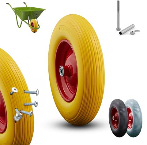 Arebos Ruota per carriola in gomma PU a prova di foratura, pneumatico con cerchione in acciaio, 4.80/4.00-8, ruota di ricambio in gomma con asse, ruota per carriole, diametro 390 mm, giallo