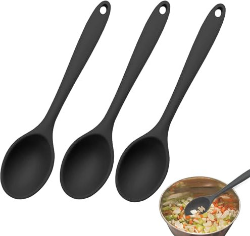 3 Pack Silikonlöffel, Küchensilikonlöffel, Hitzebeständige Kochlöffel, Silikonbacklöffel, Silikonrührlöffel, Antihaft-Küchenlöffel, Geeignet für Küche, Kochen (Schwarz)