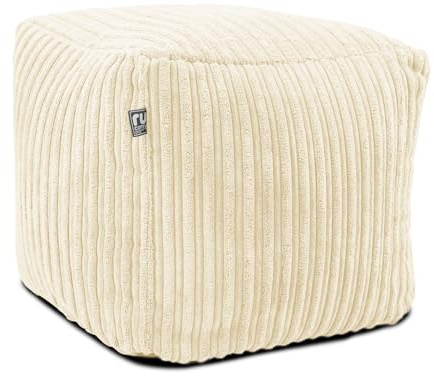 rucomfy Corduroy Cube Footstool - Machine Washable Bean Bag Pouffe for Living Room Footrests and Extra Lounge Seating - 38x38x38cm (Ivory)