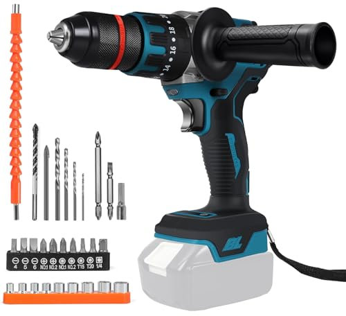 Trapano avvitatore a batteria Compatibile con Makita 18V batteria, trapano a percussione brushless da 1350 giri/min con frizione 20+3, coppia 120 N.m, mandrino da 13 mm, cacciavite e punte da trapano