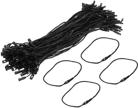 QUARKZMAN 100 Stück Hängeetiketten Schnur, 1.5 x 190mm Polyester Sicherheitsfäden mit Schnappverschluss für Kleidungsetiketten – Ideal für Preisschilder & Produktkennzeichnung, Schwarz