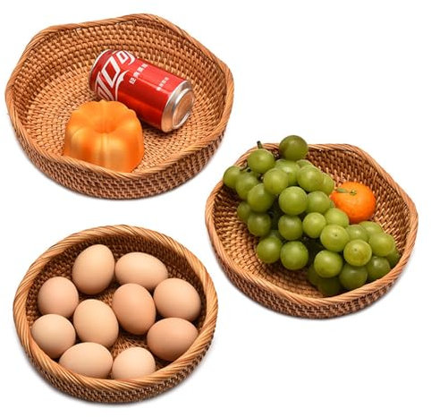 Frutero Cesta de frutas redonda de ratán hecha a mano, organizador de cocina, cesta for servir refrigerios, cuenco de mimbre for pan, cesta tejida, decoración for nueces con lado de 3 pulgadas y borde