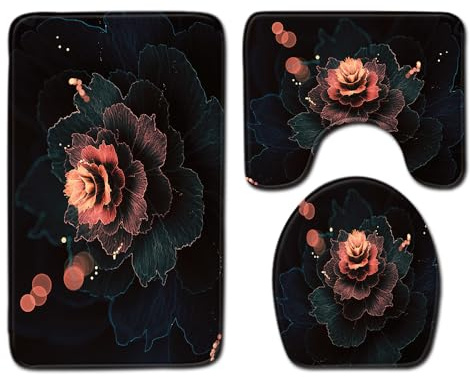 Bad Teppiche Set 3-Teiliges Dunkelgrüne Blume WC Vorleger Mit Ausschnitt Badematte Saugfähig WC Deckelbezug Badvorleger rutschfest Waschbar Toilettensitzbezug Badgarnitur (45x75cm)