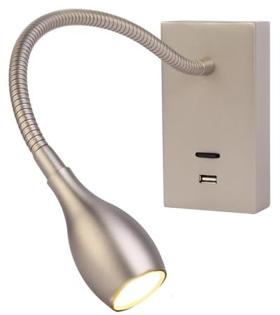 Meanyee Lampada da lettura da parete, lampada da comodino a collo di cigno con interruttore/porta di ricarica USB/regolabile, 3 W 3000 K, finitura nichel spazzolato, MY-WN198N