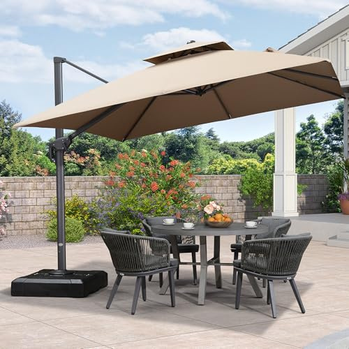 PURPLE LEAF Parasol Déporté 3 x 3 m Toit à Double avec UPF 50+, Parasol De Jardin Extérieur avec Manivelle améliorée, 6 Niveaux D'inclinaison et Rotation à 360°, Mât Élargi et Épaissi, Taupe