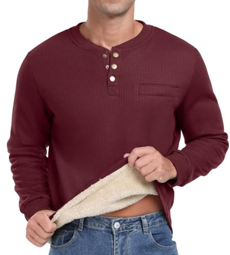 Sailwind Henley-tröjor för män med plysch våffellångärmad t-tröja, varma termiska toppar, ledig vintertröja, tröja för män, Vinröd, S