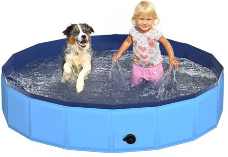 CACSPS 48 x 12 Foldable Dog Pool - Collapsible Hard Plastic Kiddie Pool for Dogs & Kids, Non-Slip Pet Bath Tub for Outdoor Backyard Use, Lightweight & Portable (Blue)